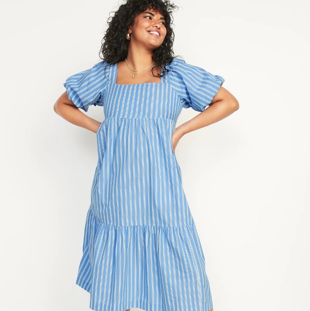 Fit & Flare Puff-Sleeve Cotton-Poplin Smocked All-Day Midi Dress